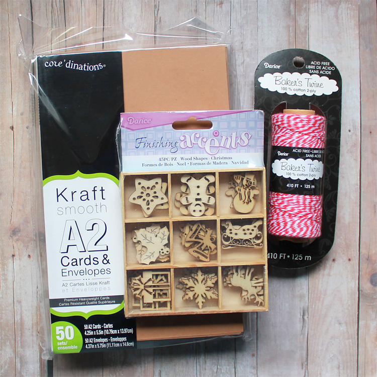 kraft paper cards, wood shapes and bakers twine cardmaking supplies