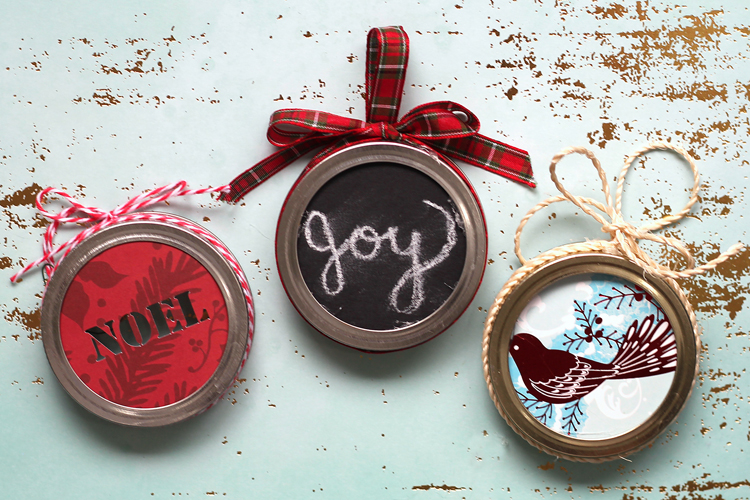 mason jar lid ornaments made from old christmas cards