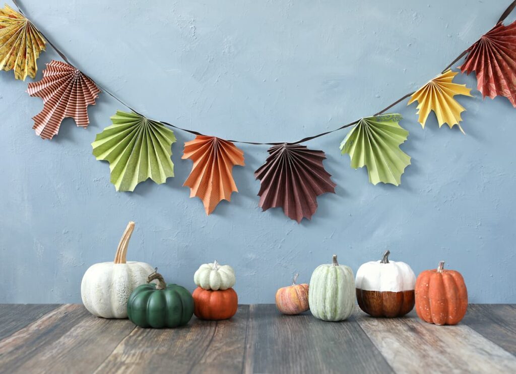 folded paper leaves garland fall craft idea