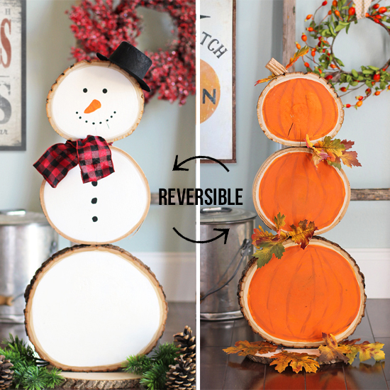 wood slice reversible pumpkins and snowmans craft