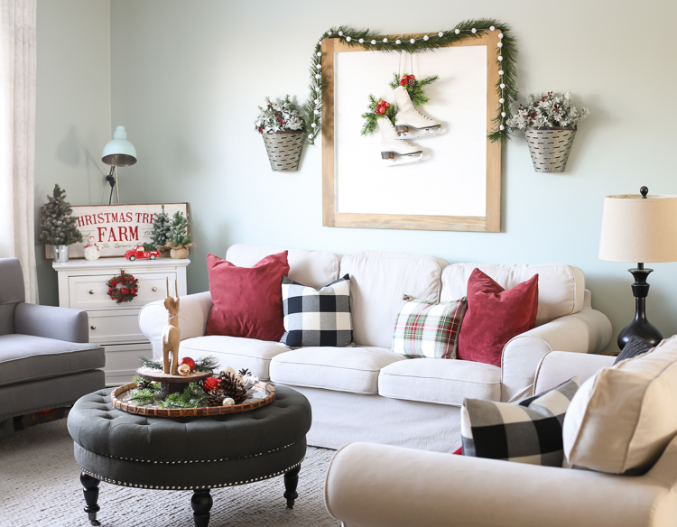 farmhouse living room decorated for christmas