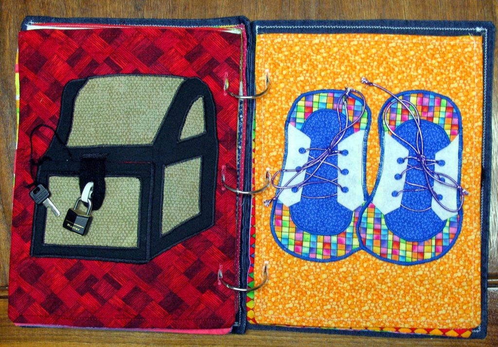 quiet book treasure chest page and tying shoes page