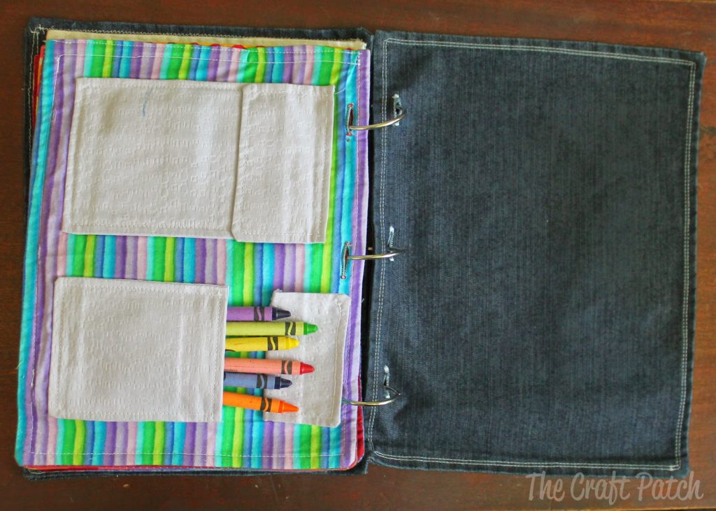 quiet book page with pockets for crayons