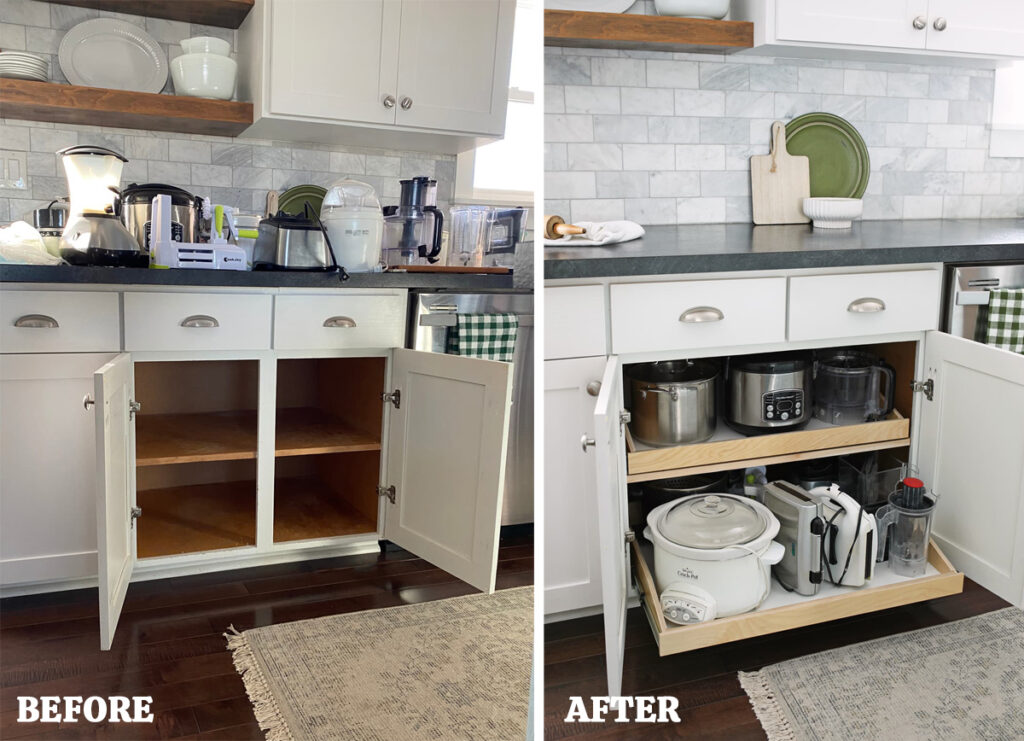 installing pull out drawers in a kitchen cupboard before and after